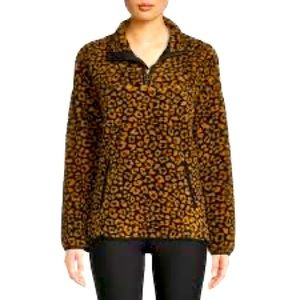 Time and Tru Women's Sherpa Quarter Zip Pullover Top Leopard Print S/CH (4-6)